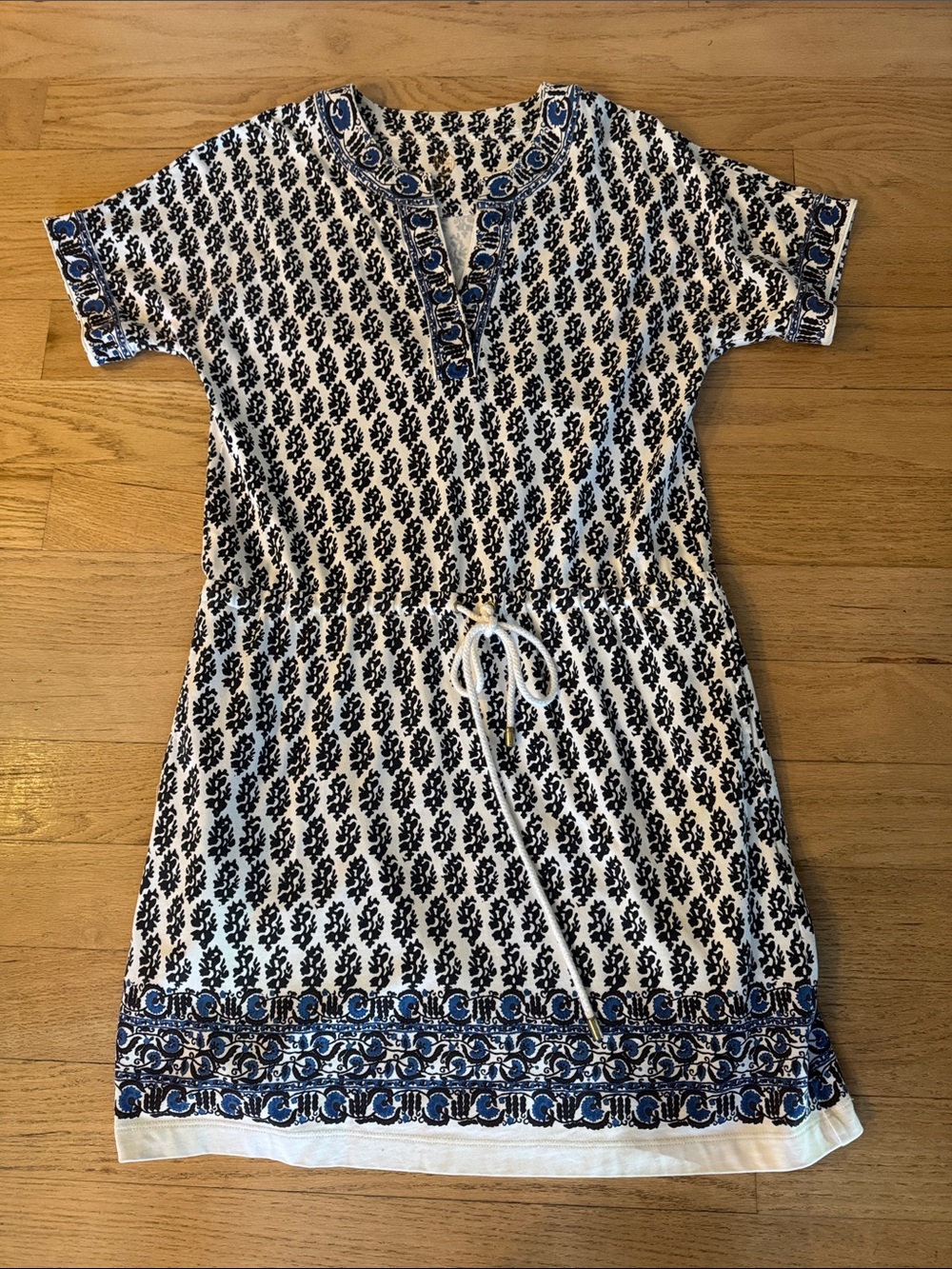 Tory Burch Navy and White Printed Drawstring Dress, size XS
